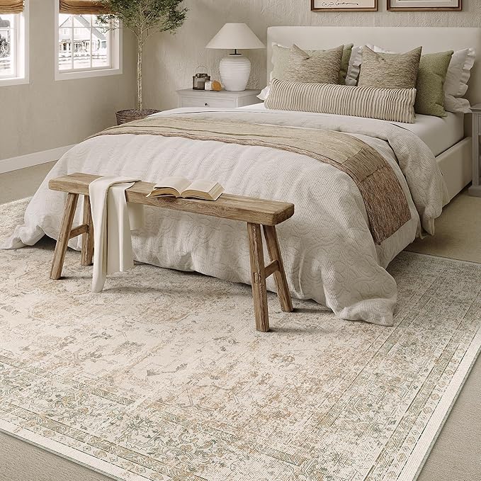 6x9 Washable Area Rug Beige Vintage Distressed Large Rug for Living Room Oriental Soft Thin Indoor Retro Carpet Non Slip Low Pile Floor Cover for Bedroom Dining Room Office Nursery