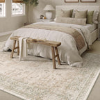 9x12 Washable Area Rug Beige Vintage Distressed Large Rug for Living Room Oriental Soft Thin Indoor Retro Carpet Non Slip Low Pile Floor Cover for Bedroom Dining Room Office Nursery