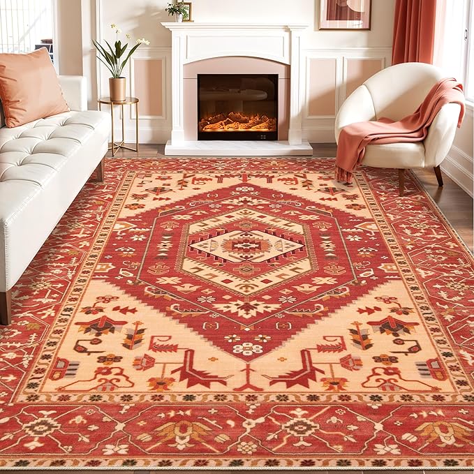 SERISSA Washable Rugs 8x10 Area Rugs, Large Non-Slip Boho Living Room Rug, Ultra Soft Oriental Vintage Red Beige Print Distressed Carpet for Dining Room Bedroom Dorm Office Home Decor