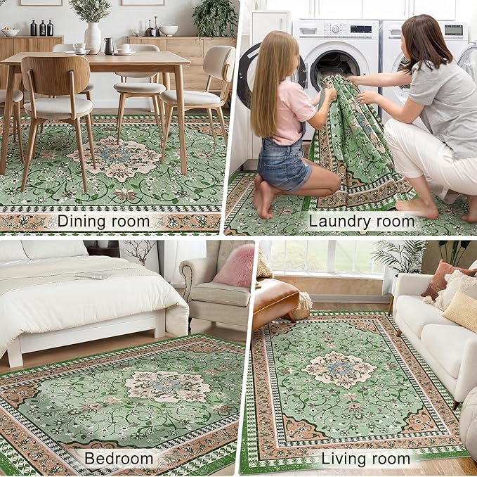 Luxury 5' x 7' Green Washable Area Rugs, Boho Low Pile Easy Clean Non-Slip Rug, Floral Medallion Pattern Vintage Rugs for Living Room, Dinning Room, Office, Bedroom, Bathroom, Laundry Room, Farmhouse