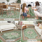 Luxury 5' x 7' Green Washable Area Rugs, Boho Low Pile Easy Clean Non-Slip Rug, Floral Medallion Pattern Vintage Rugs for Living Room, Dinning Room, Office, Bedroom, Bathroom, Laundry Room, Farmhouse