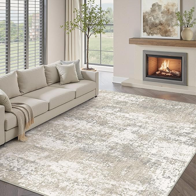 Modern Abstract Beige Gray Area Rug 4x6 Entryway Machine Washable Office Carpet Kitchen Door Mat Indoor Accent Throw Low Pile Non Slip Distressed Living Dining Laundry Room Bedroom