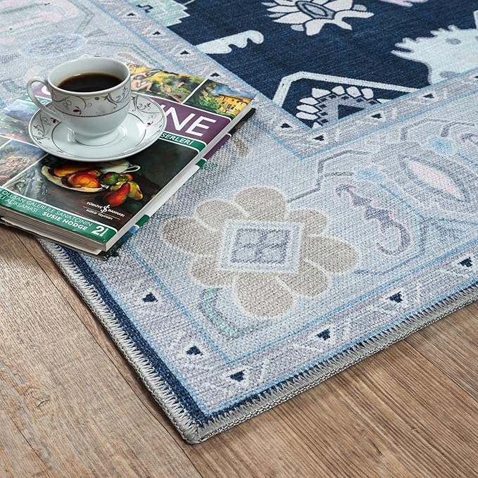 Fame Living Navy Blue Oushak Rug, Modern Small Rugs, Vintage, Turkish, Eclectic, Floral, Pastel, Washable, Door Mat, Doormat for Indoor Entrance, Entryway, Kitchen, Bathroom, Bedroom, Laundry, 2'x3'