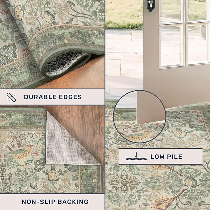 Washable Living Room Rug 6x9 - Sage Floral Nature Rugs for Bedroom, Dining Room Kitchen Table Rug for Under Table, Office, Stain Resistant Non-Slip Large - Sage Green