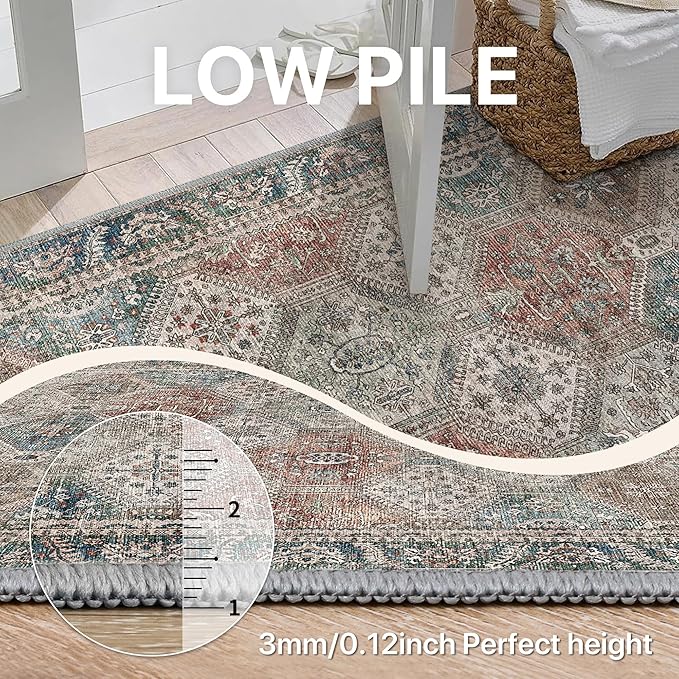 Bavni Clearance 2x5 Runner Rug Non Slip, Machine Washable Rug Runners for Hallways, Vintage Distressed Print Kitchen Runner, Low Pile Lightweight Carpet Runner for Entryway, Laundry, Bedroom, Red