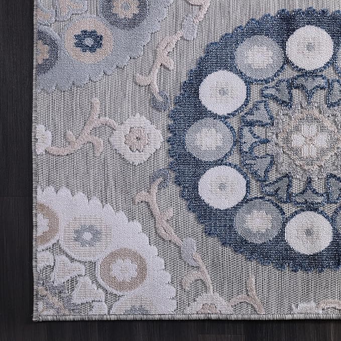 CAMILSON Indoor Outdoor Rug 9x12 Bohemian Medallion Floral Area Rugs for Indoor and Outdoor Patios Easy-Cleaning Non-Shedding Living Room Garden and Kitchen Washable Outside Carpet (9 x 12 / Blue)