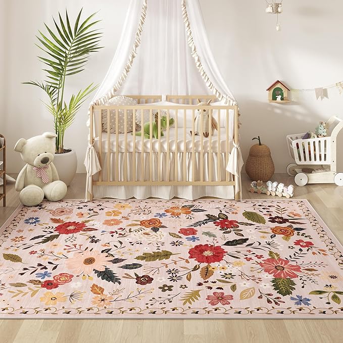 Living Room Rug 8x10 Rug Machine Washable Boho Area Rug Non Slip Floral Vintage Low Pile Large Rugs for Living Room, Bedroom, Farmhouse, Dining Room (Beige)