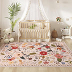 Living Room Rug 6x9 Rug Machine Washable Boho Area Rug Non Slip Floral Vintage Low Pile Large Rugs for Living Room, Bedroom, Farmhouse, Dining Room (Beige)