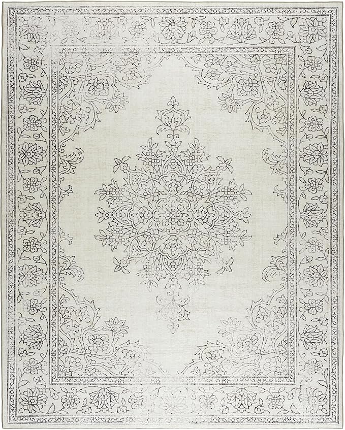ReaLife Rugs Machine Washable Area Rug - Living Room Bedroom Bathroom Kitchen Entryway Office - Padded Low Pile Stain Resistant Premium - Boho Farmhouse Vintage - Paige - Ivory 4' x 6'