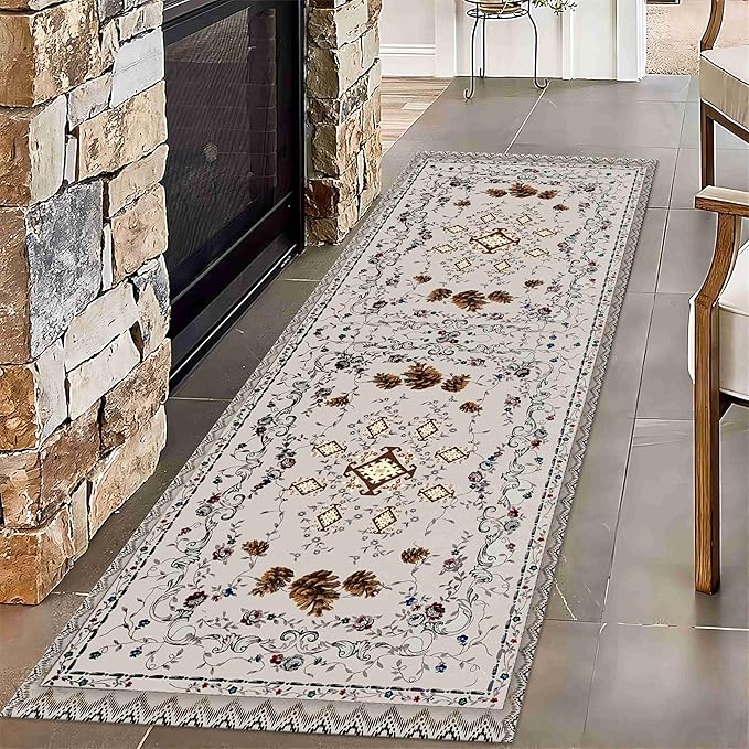Floral Runner Rug, 4x12ft, Bohemian Vintage Distressed Floral Pineal Rug for Kitchen, Non-Slip No Shedding, Soft Low Pile Indoor Room Grey Rug for Laundry, Washable Rug for Hallway Bathroom