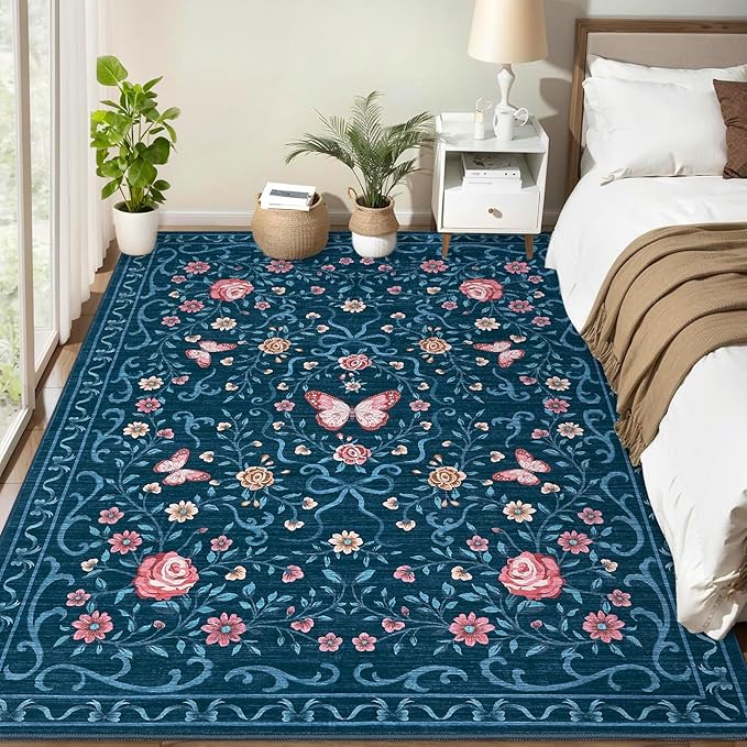 GarveeHome 8x10 Area Rugs for Living Room Washable Rugs Non Slip Stain Resistant Bedroom Floral Rugs Low Pile Soft Dining Room Throw Carpet Blue Bow Large Carpet for Home Office Decor, 8x10