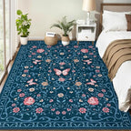 GarveeHome Washable Floral Area Rug 5x7 for Living Room Non Slip Bedroom Rug Soft Stain Resistant Large Dining Room Throw Carpet Low Pile Blue Bow Rugs Butterfly Flower Carpet for Nursery Entry, 5x7
