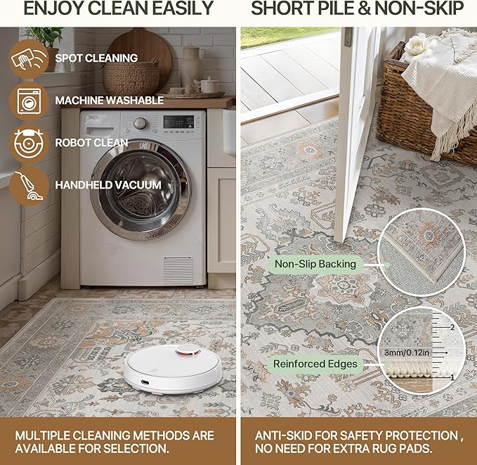 Bavni 2x7 Washable Runner Rug for Hallway, Vintage Grey Rug with Non-Slip Backing, Oriental Distressed Print Indoor Kitchen Runner, Low Pile Thin Soft Small Rugs for Entryway, Bedroom, Laundry Room