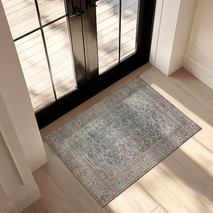 Kuden 2x3 Small Rug, Machine Washable, Non-Slip Backing, Vintage Style, Soft, Low Pile, Area Rugs for Entryway Kitchen Indoor Entrance
