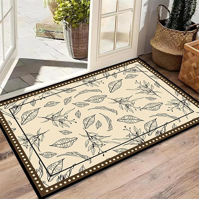 Medieval French Style Area Rugs 2x3ft, Off-White Botanical Leaf Pattern Rug, Low Pile Carpet, Washable & Non-Slip for Living Room, Bedroom, Dining Room, Dorm
