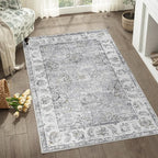 jinchan Fiora Floral 3x5 Area Rugs for Entryway - Machine Washable Taupe Vintage Distressed Design Doormat Non-Slip Ultra-Thin Low Pile Boho Rug for Kitchen Living Room Bedroom Farmhouse (3‘x5', Grey)