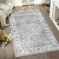 jinchan Fiora Washable Area Rug 3x5 Entryway Rug - Distressed Vintage Floral Ultra-Thin Low-Pile Soft Non-Shedding Indoor Floor Carpet for Kitchen Bedroom Entrance Laundry Living Room(3x5ft, Grey)