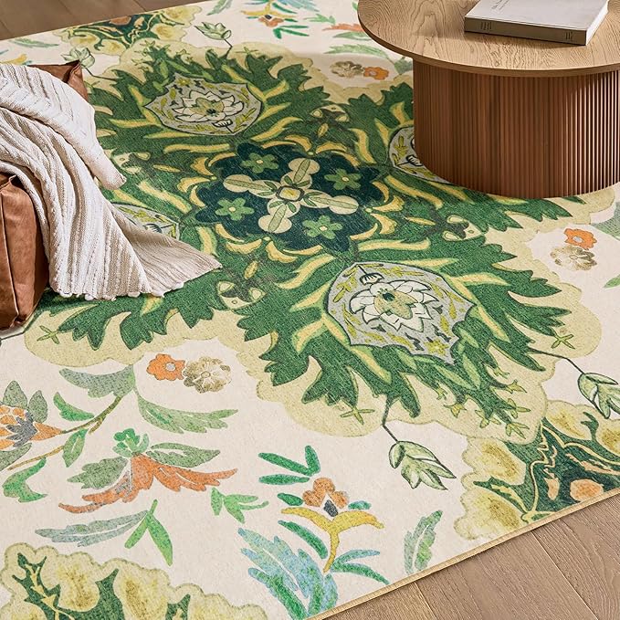 Phantoscope Washable Round Area Rug 6ft Non-Slip, Vintage Boho Rugs for Living Room, Bedroom, Dining Room, Neutral Green Floral Medallion Pattern, Low-Pile Foldable Floor Carpet, Forest Green/Cream