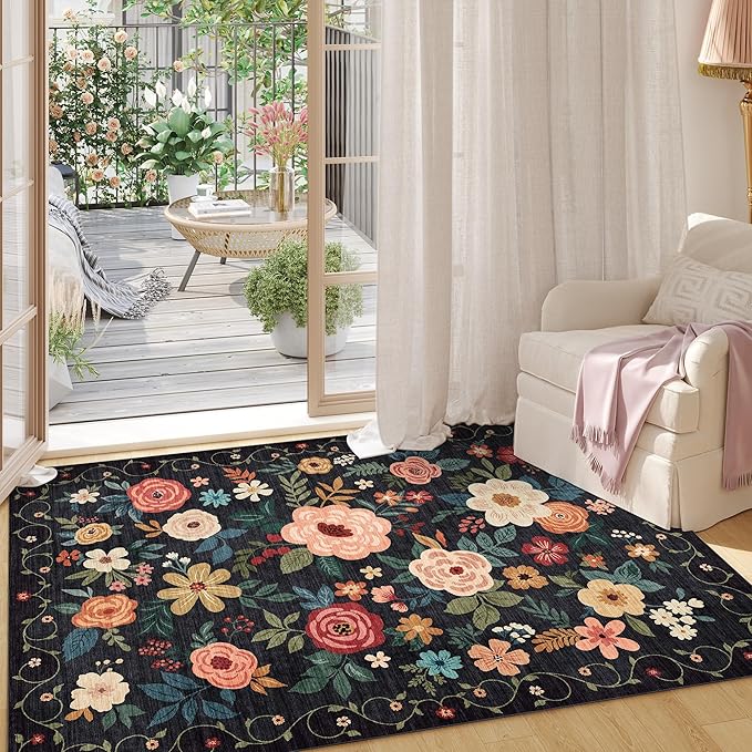 DUKINO 2x3 Rugs for Entryway, Floral Indoor Washable Door Mat, Non Slip Boho Small Rug for Kitchen, Soft Low Pile, Front Door Throw Rug for Entrance, Bedroom, Kitchen, Laundry, Bathroom, Black