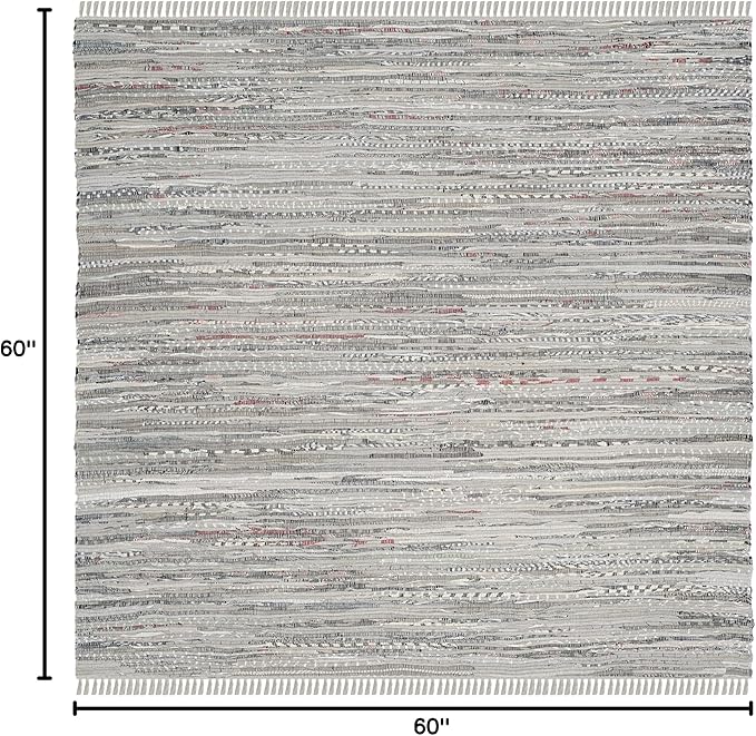 SAFAVIEH Rag Rug Collection Area Rug - 5' Square, Grey, Handmade Boho Stripe Cotton, Ideal for High Traffic Areas in Living Room, Bedroom (RAR121A)