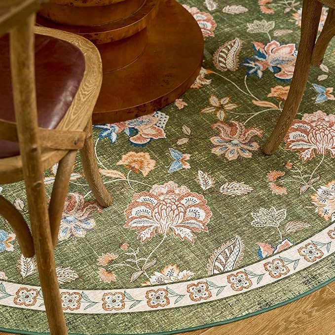 jinchan Elora Floral Corner Rug for Living Room Washable Bedroom Rug Vintage Romance Design Non Slip Quarter Circle Lightweight Low-Pile Throw Carpet for Reading Nook Playroom,8ft Radius, Green