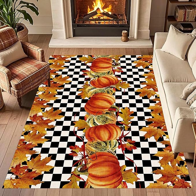 Pumpkin Area Rugs, 3x4ft, Fallen Leaves Autumn Harvest Pumpkins Black and White Checkered Rug, Ultra-Thin Rubber Non Slip Geometric Carpet for Living Room Playroom