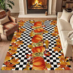 Pumpkin Area Rugs, 5x7ft, Fallen Leaves Autumn Harvest Pumpkins Black and White Checkered Rug, Ultra-Thin Rubber Non Slip Geometric Carpet for Living Room Playroom