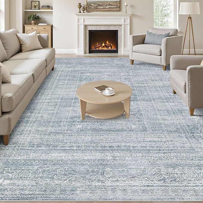 10x14 Area Rugs Living Room: Washable Large Vintage Blue Rug Neutral Non-Slip Soft Stain Resistant Indoor Carpet for Bedroom Nursery Dining Room Under Table Bed Home House Office Playroom
