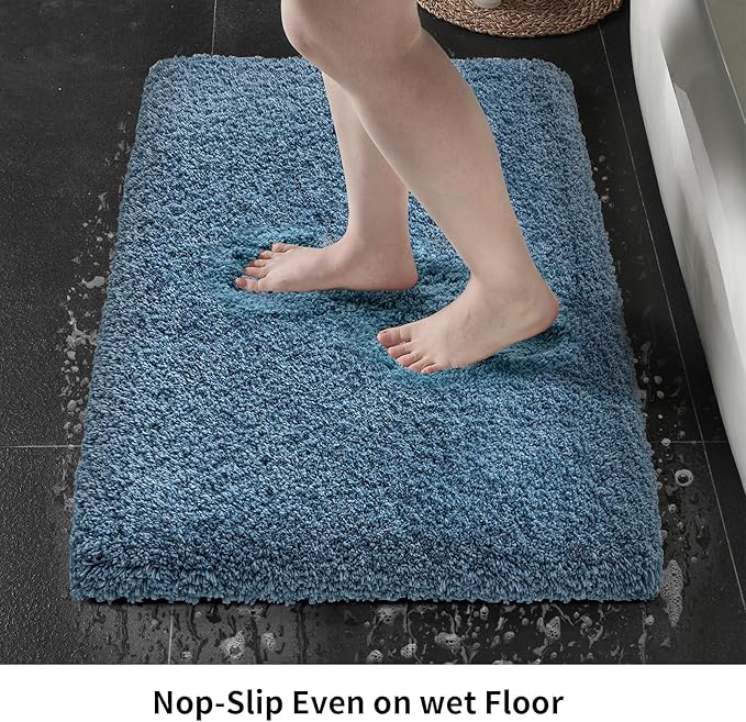 Bathroom Rug 20x32 Non Slip Fluffy Blue Bath Mat for Bathroom Floor Washable Plush Luxury Bath Rug for Tub Soft Shaggy Absorbent Shower Sink Mat