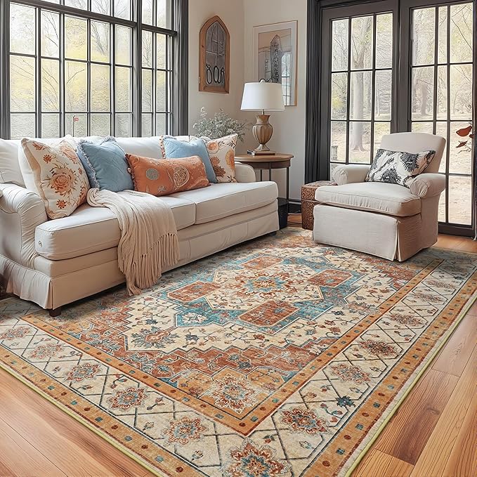 YJ.GWL Area Rugs for Living Room 4x6 Machine Washable Rugs for Bedroom, Non Slip Floral Vintage Rug Indoor Carpet, Stain Resistant Throw Rug for Dining Room Kitchen, Brick Orange