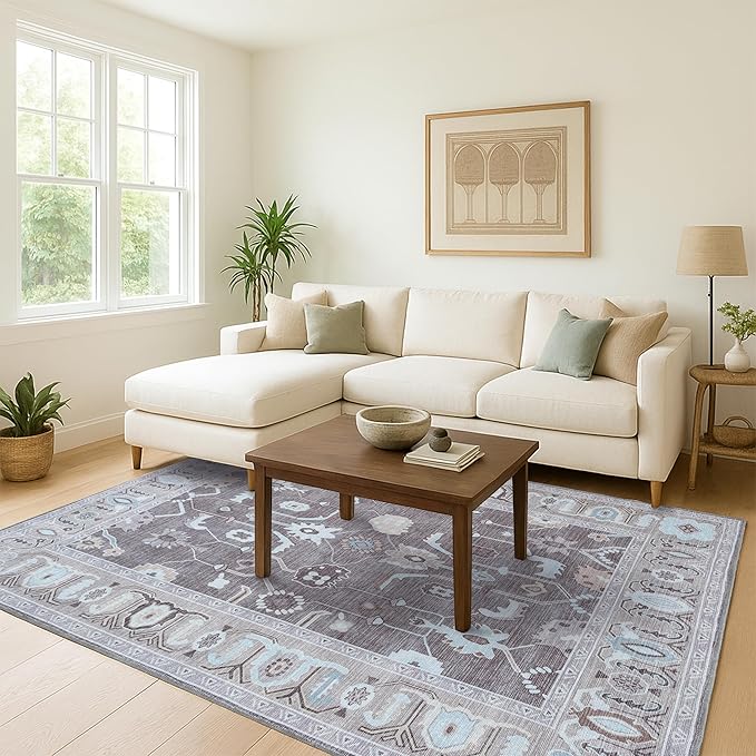 Brown Oushak Rug, Modern, Vintage, Turkish, Eclectic, Floral, Pastel, Washable, Oversized, Extra Large Area Rugs for Living Room, Dining, Bedroom, Lounge 9'5"x14'