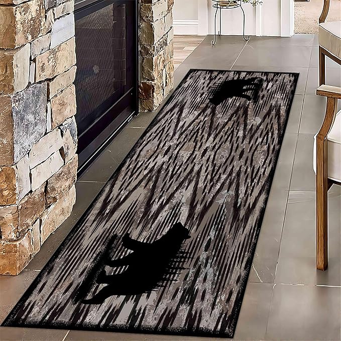 Rustic Cabin Runner Rug, 2.6x7ft, Vintage Lodge Wood Grain Wild Animal Black Bear Print Long Hallway Rug, Non-Slip Washable Carpet with Rubber Backing for Hallway Walkway Entry Foyer
