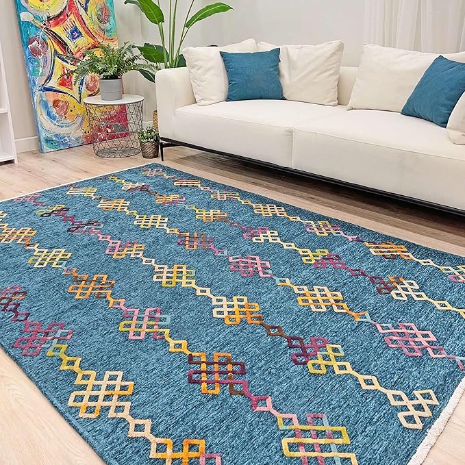 Alfa Rich 3x5 Moroccan Blue Washable Area Rugs for Living Room Bedroom Kitchen Decor Cotton Runner