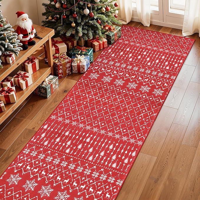 Lahome Christmas Runner Rug 2x6 for Hallway Red Non Slip Washable Low Pile Carpet Moroccan Snowflake Throw Rug Runner for Kitchen Entryway Laundry Bathroom Narrow Space Xmas Holiday Decor