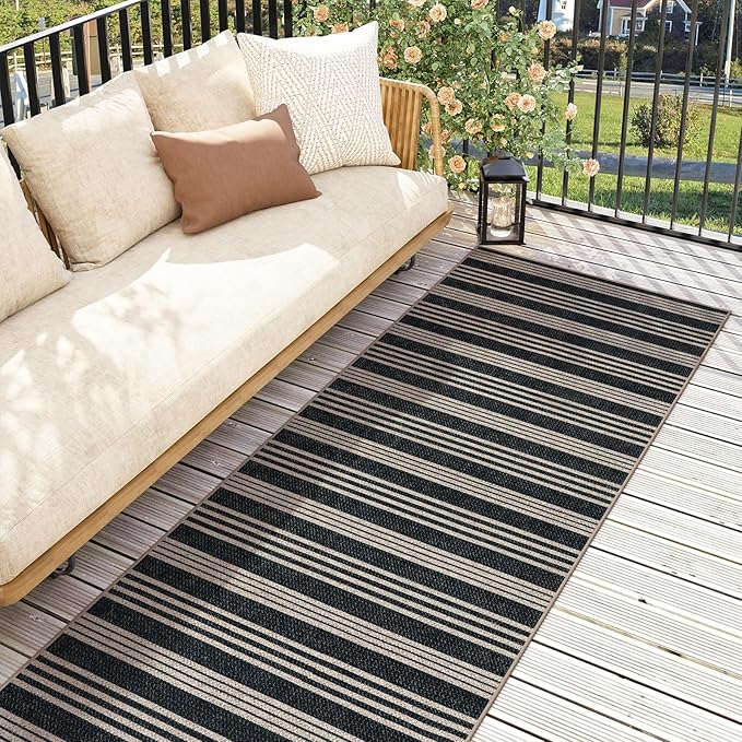 Lahome Striped Easy Jute Runner, 2x6 Kitchen Runner Rug Non Slip Washable Outdoor Rug for Entryway Indoor, Farmhouse Indoor Outdoor Black Carpet for Hallway 6ft Entry Front Door