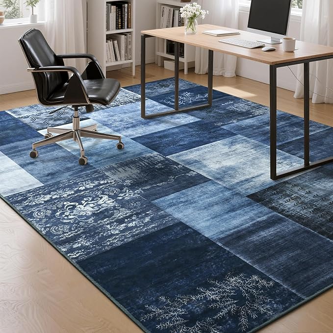 Tepook Modern Area Rug for Living Room, 4x6 Geometric Large Rugs for Bedroom, Washable Patchwork Rug Indoor Non-Slip Throw Carpets for Dining Room Office Farmhouse Home Decor, Blue