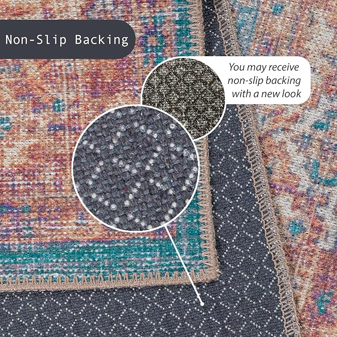 GLN Rugs Traditional Collection - Machine Washable Area Rug, Traditional Washable, Non Slip, Low Pile Chenille Rug, Living Room, Bedroom, Kitchen Rug (5' x 7' Terra/Green)