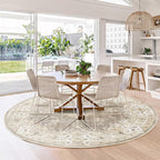 MUJOO Beige Round Rug 6ft,Circle Washable Area Rugs for Bedroom Living Room Bathroom,Boho Large Vintage Bohemian Distressed Farmhouse Non Slip Circular Carpet,Floral