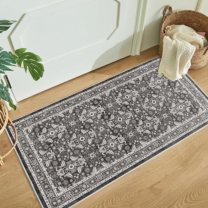 WITSHOCK Washable 2x4 Entryway Area Rug: Soft Non-Slip Backing Washable Rugs Vintage Flower Boho Accent Small Rugs for Bedroom, Kitchen, Bathroom, Nursery Entrance,Black