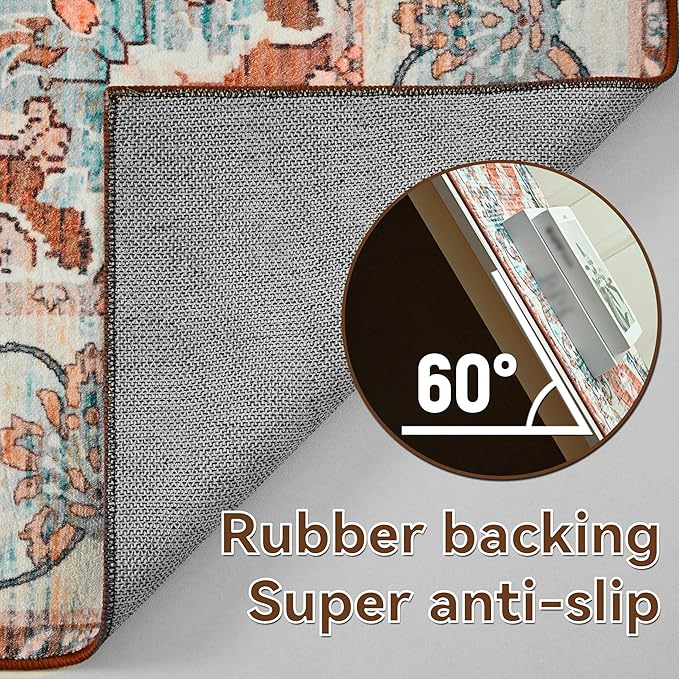 YJ.GWL Area Rugs for Living Room 9x12 Machine Washable Rugs, Non Slip Floral Vintage Rug Indoor Carpet, Stain Resistant Large Rug for Bedroom Dining Room, Copper Tan