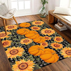 Autumn Style Area Carpet, 5x7ft, Checkered with Sunflower and Pumpkin Fall Harvest Large Flower Rug, Fluffy Short Pile Rubber Backed Farmhouse Door Mat for Study Room Front Door