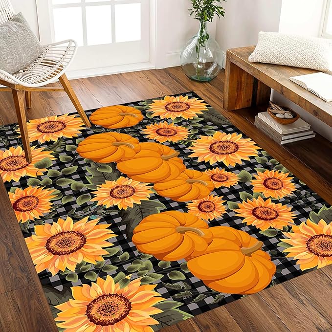 Autumn Style Area Carpet, 5x7ft, Checkered with Sunflower and Pumpkin Fall Harvest Large Flower Rug, Fluffy Short Pile Rubber Backed Farmhouse Door Mat for Study Room Front Door