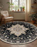 Area Rugs 8ft Washable Non-Slip, Floral Vintage Distress Print Pattern Medallion Carpet for Living Room Bedroom Dining Room, Black Brown Neutral Dark Tan