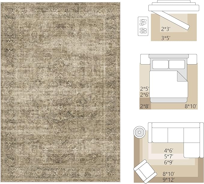 FMFUNCTEX 5x7 Washable Area Rug Neutral Vintage Brown Distressed Non Slip Low Pile Traditional Indoor Carpet for Living Room Bedroom Soft Retro Mat Throw Rug for Dining Office Kitchen Dorm Entryway