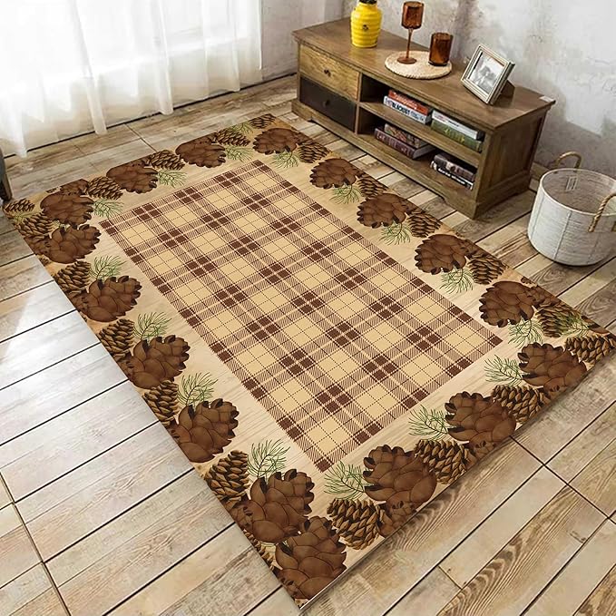 Cabin Pine Cones Area Rug 5x8ft for Living Room, Brown Buffalo Plaid Indoor Anti-Slip Large Area Rug Rustic Style Rugs for Bedroom, Lodge Living Rugs With Pine Cones, Throw Area Rug for Farmhouse