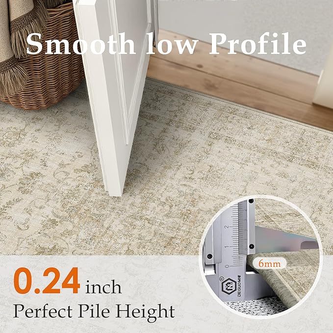 HUGEAR 2x6 Runner Rug Hallway Machine Washable Retro Beige Vintage Floral Low Pile Carpet Distressed Long Throw Rug Bedroom Office Bathroom Kitchen Laundry Non Slip Soft Lightweight