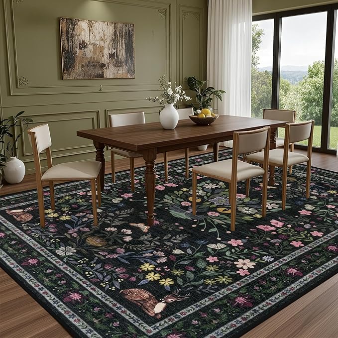 6x9 Area Rugs Living Room Rug: Vintage Washable Rug Floral Soft Carpet Indoor Floor Non-Slip Boho Stain Resistant Large Carpets for Bedroom Kids Nursery Dining Room Farmhouse Home Office Black/C02