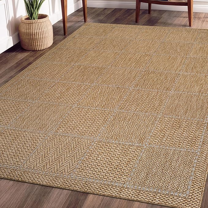 Beverly Rug Easy Jute Checkered Squared Rug 5x7 Washable Durable Indoor Outdoor Area Rugs for Living Dining Room Patio Office Stain Resistant Non Shedding Casual Indoor Outside Carpet 5 x 7 Natural