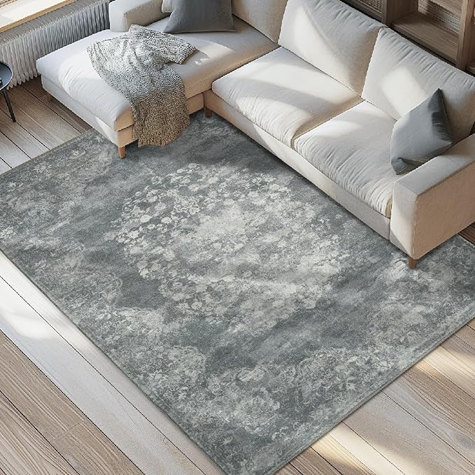 jinchan Vintage Floral 5x7 Area Rugs - Machine Washable Distressed Design Soft Ultra-Thin Low-Pile Non-Slip Carpet for Kitchen Bedroom Nursery Living Room Dining Room Home Office (5x7ft, Grey)