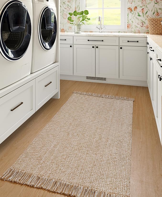 Collive Washable Area Rug 3' x 5', Modern Woven Kitchen Rugs, Tan/Cream Braided Cotton Rug Indoor Door Mat Throw Carpet for Entryway Living Room Nursery Mudroom Laundry Room